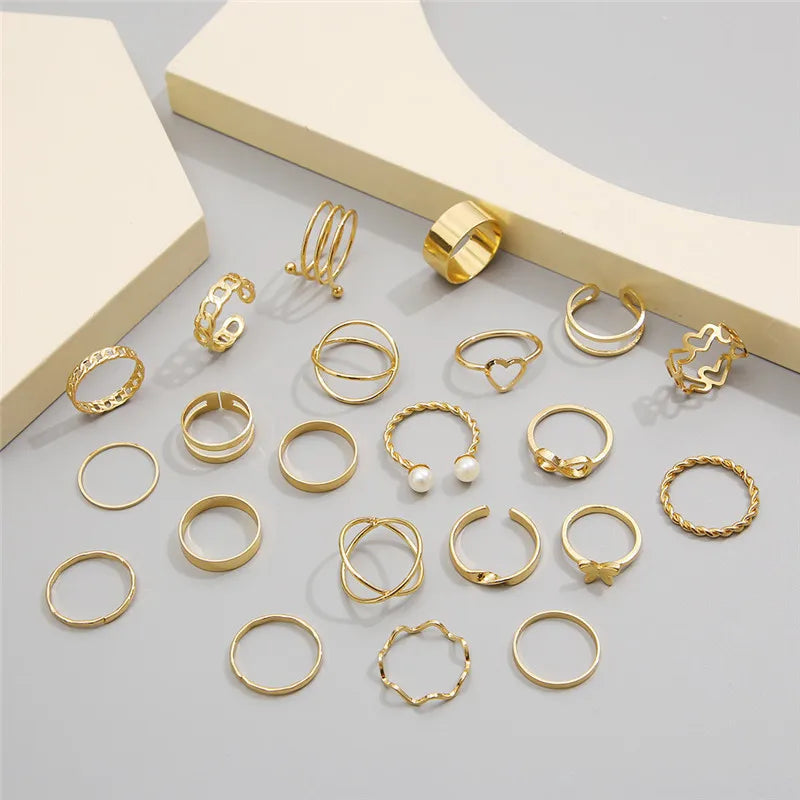 24Pcs Imitation Pearl Leaf Flower Rings Set