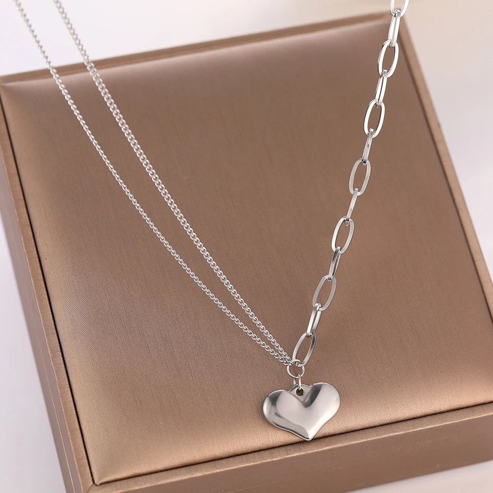 Baroque Style Asymmetric Chain Big Sweet Heart Pendants Charms Choker Kpop Necklace