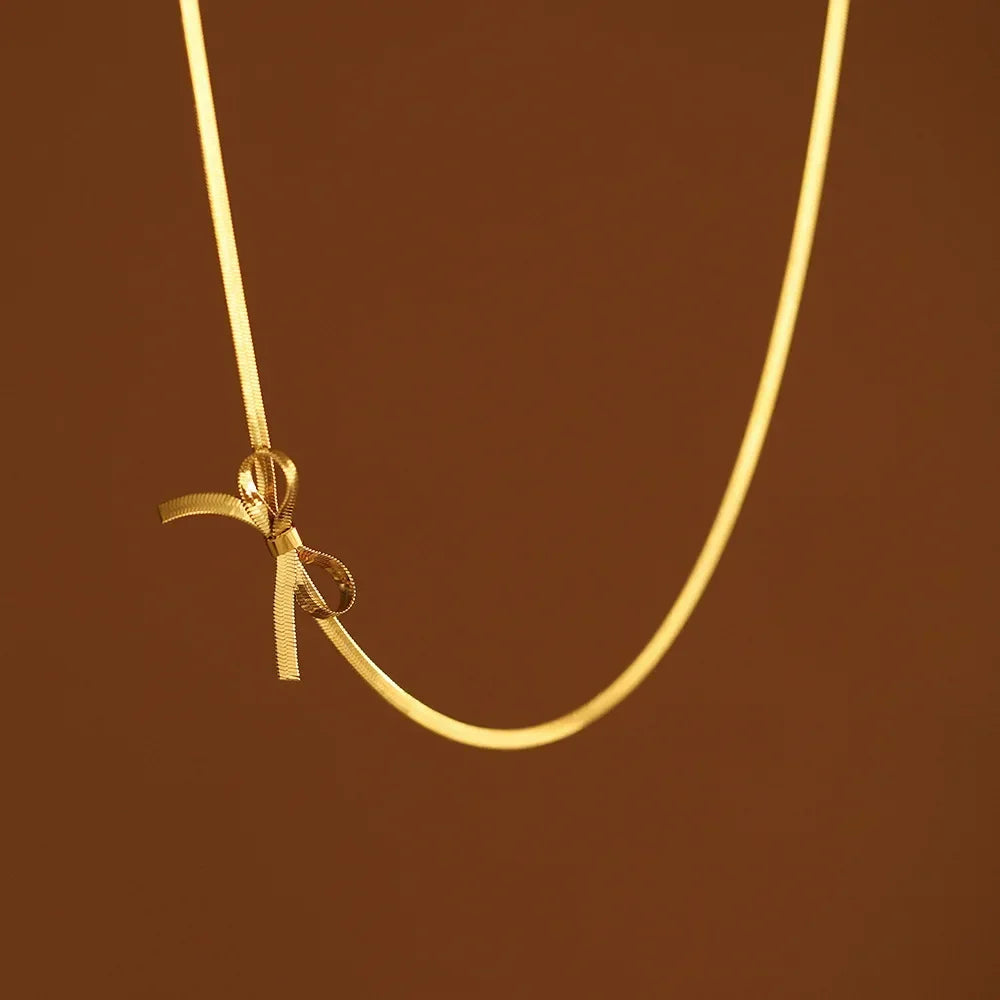 Bowknot Sexy Clavicle Choker Gold Color Flat Snake Chain Bow Necklace