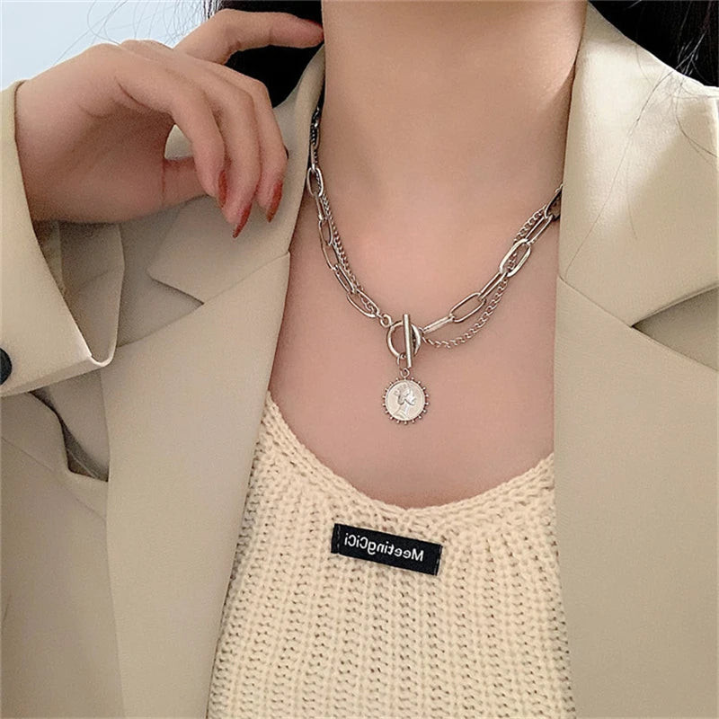 Carved Coin Pendants Thick Chains OT Buckle Necklace