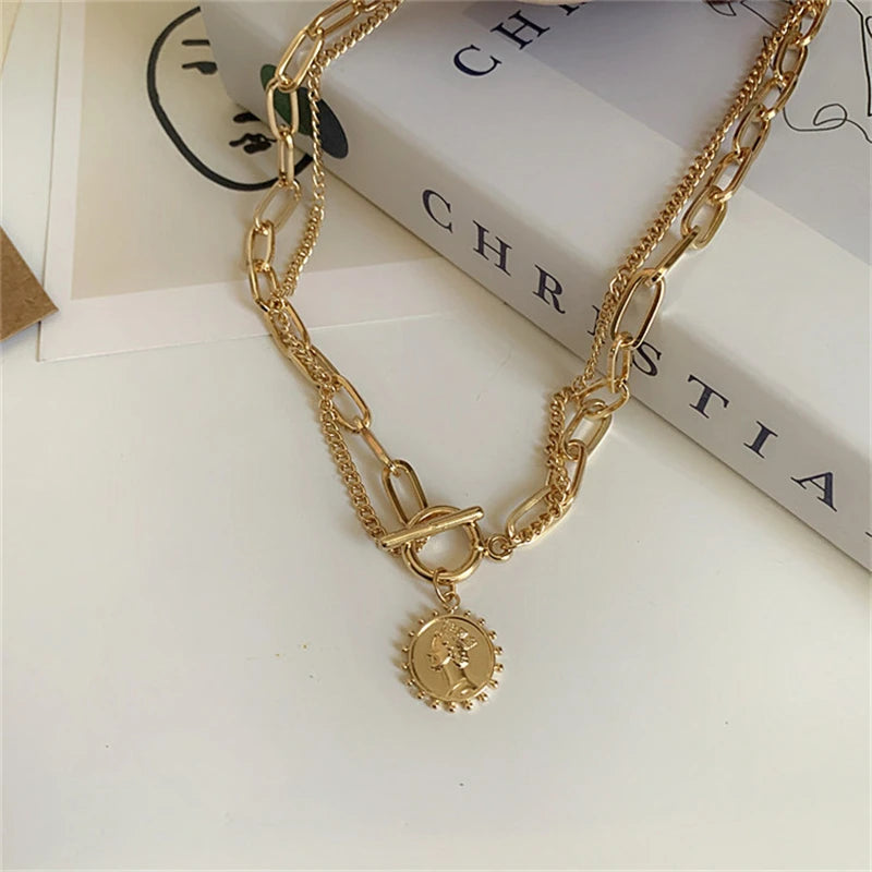 Carved Coin Pendants Thick Chains OT Buckle Necklace