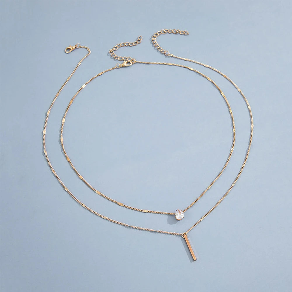 SUMENG Crystal Geometric Charm Multilayered Pendant Necklace Square Rhinestone