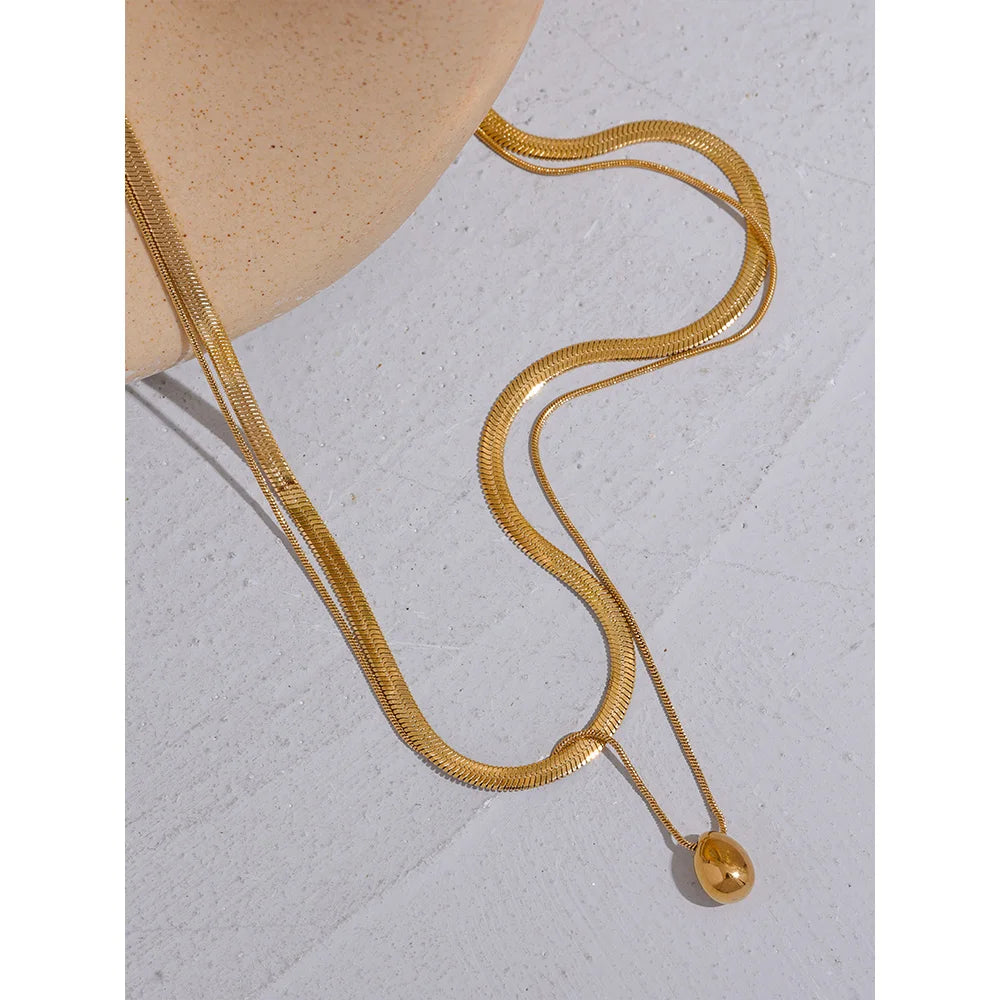 Yhpup Snake Chain Double Layer Stainless Steel Water Drop Pendant Necklace