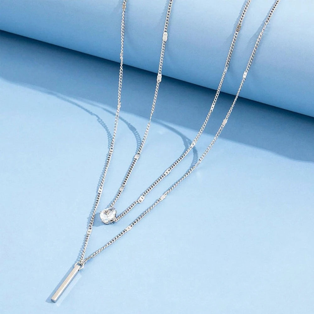 SUMENG Crystal Geometric Charm Multilayered Pendant Necklace Square Rhinestone