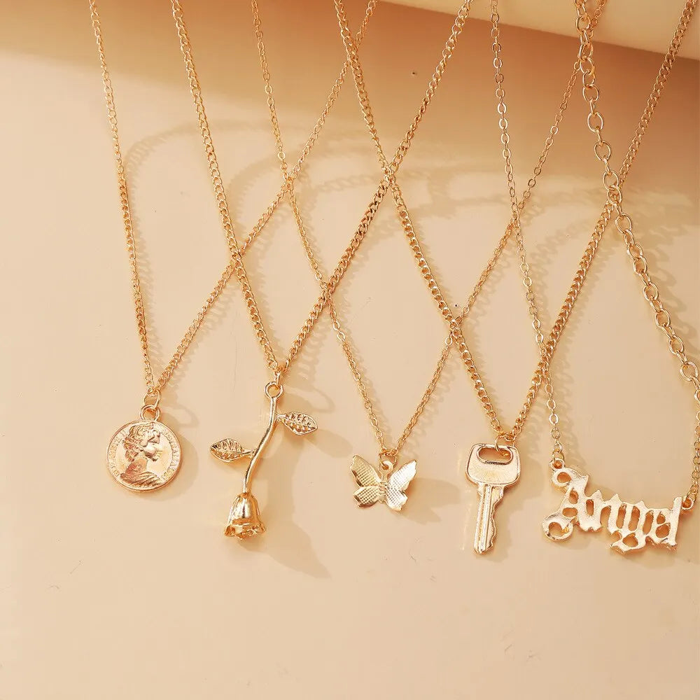 6Pcs Lady Multilayer Necklace Europe And America Retro Simple Creative Simple Lock Rose Pendant Necklace Set