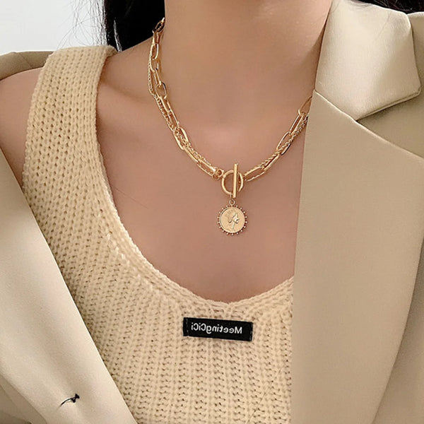 Carved Coin Pendants Thick Chains OT Buckle Necklace