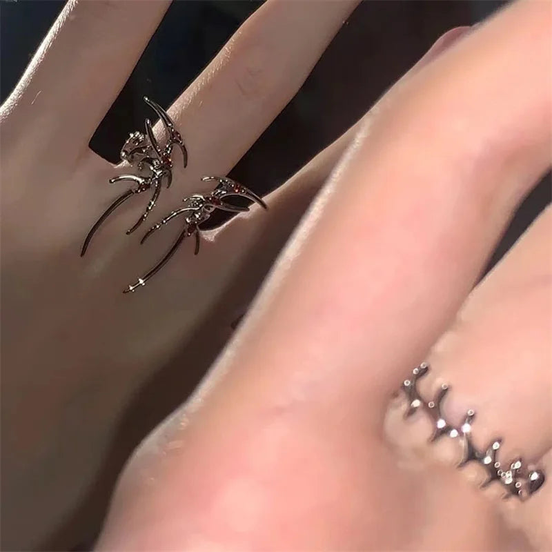 Rock Spider Ring Red Zircon Crystal Liquid Metal Silver Color Open Ring