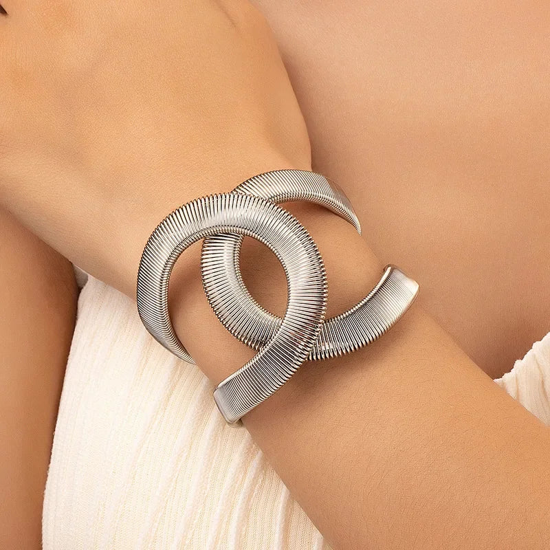 Retro Exaggerated Metal Wide Spring Cuff Bracelet