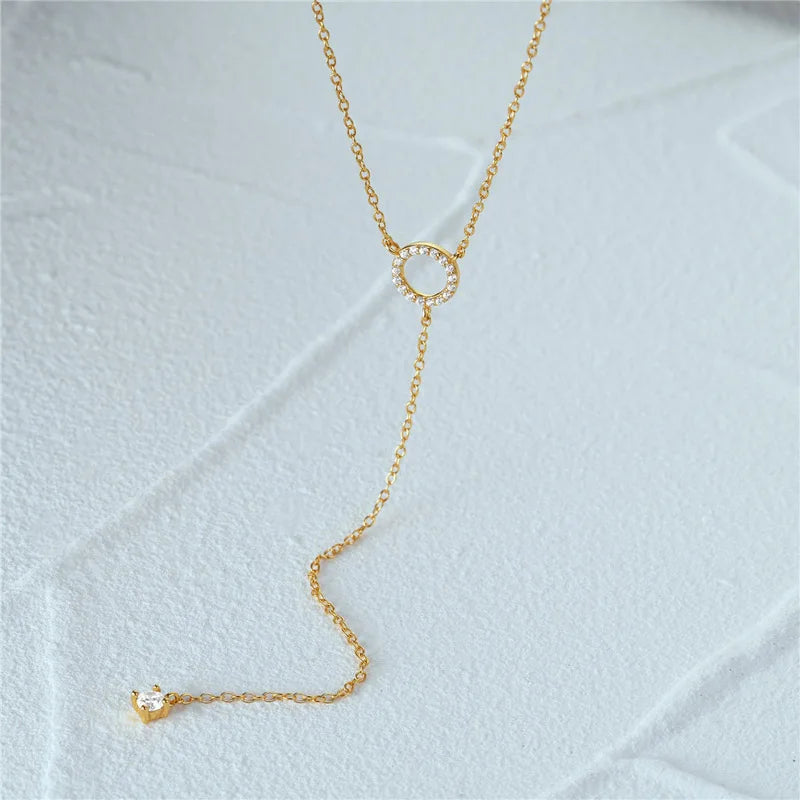 Double-Deck Circle Zircon Pendant Long O-Chain Choker Necklace