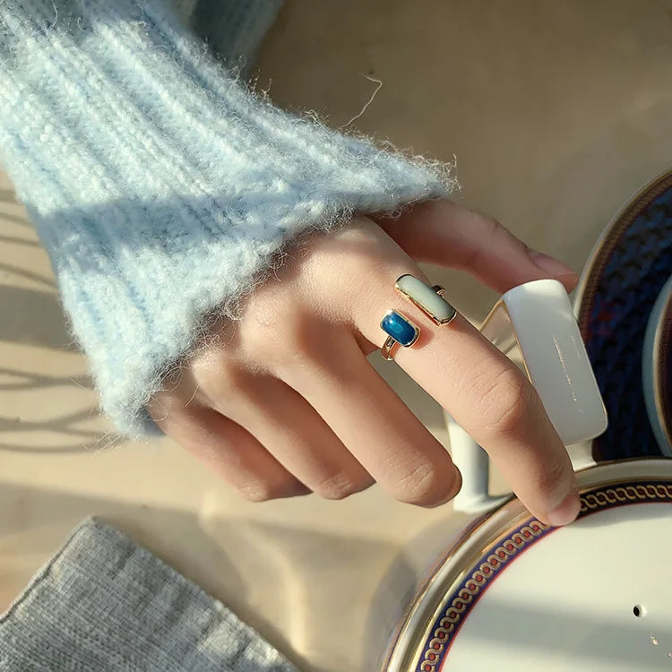 Retro Square Blue Oil Dripping Ring