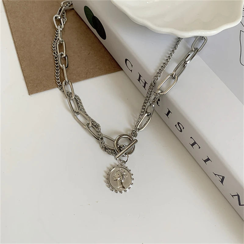 Carved Coin Pendants Thick Chains OT Buckle Necklace