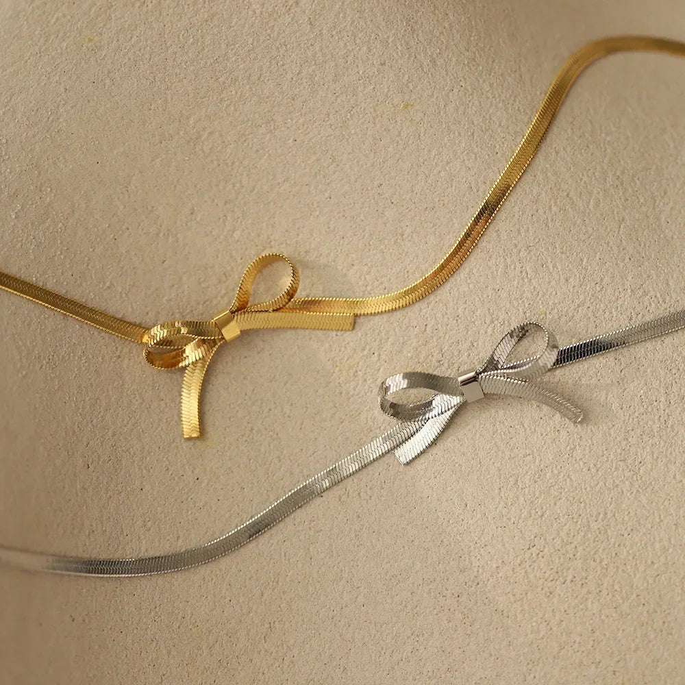 Bowknot Sexy Clavicle Choker Gold Color Flat Snake Chain Bow Necklace