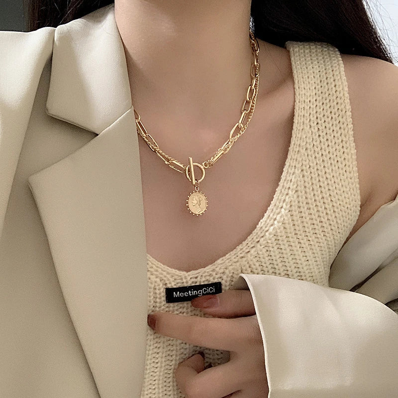 Carved Coin Pendants Thick Chains OT Buckle Necklace