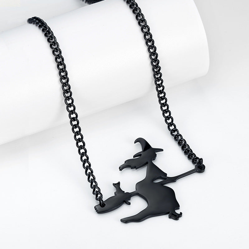 Halloween Witch Broom Black Cat Dark Goth Style Necklace