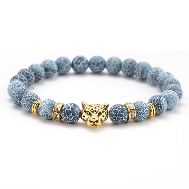 8mm Volcanic Stone Onyx Alloy Leopard Head Beaded Bracelet