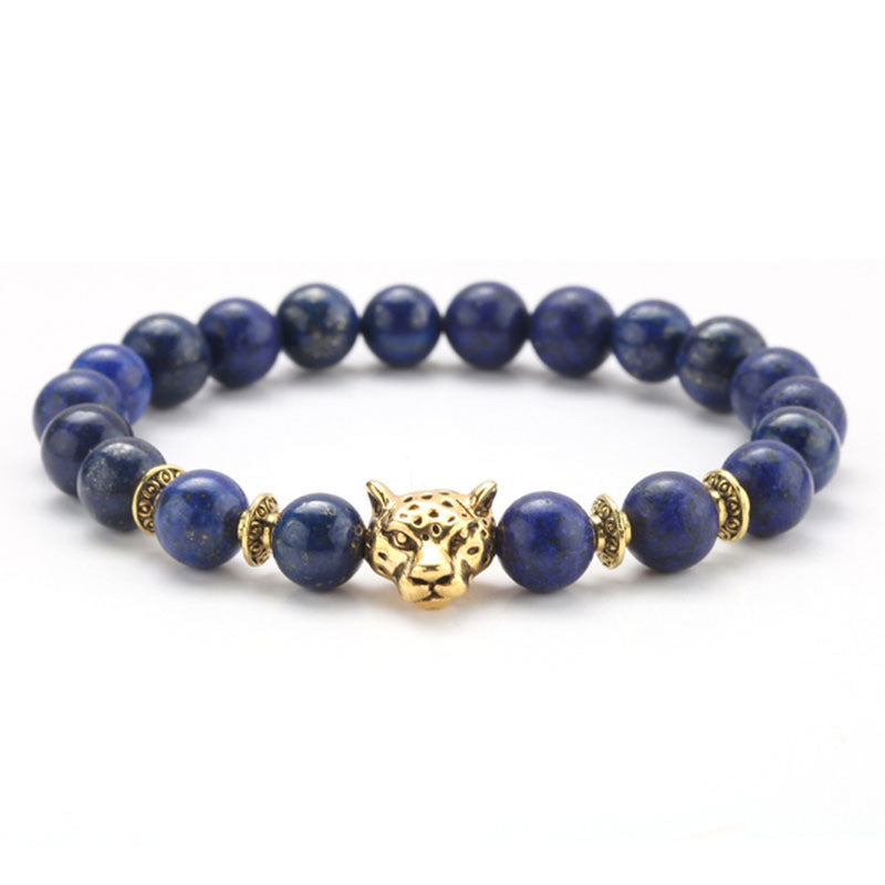 8mm Volcanic Stone Onyx Alloy Leopard Head Beaded Bracelet