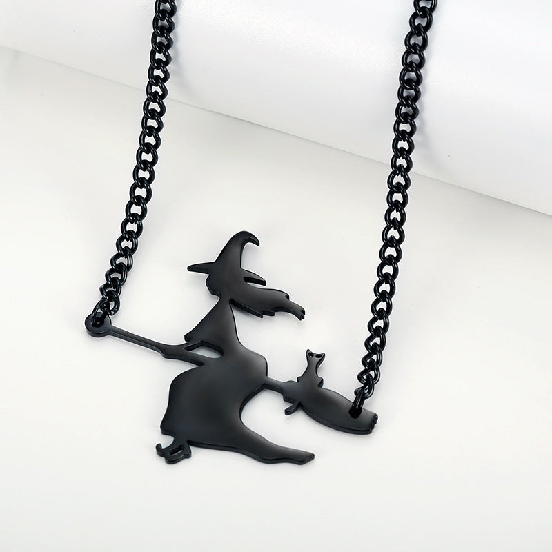 Halloween Witch Broom Black Cat Dark Goth Style Necklace