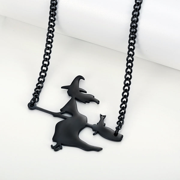 Halloween Witch Broom Black Cat Dark Goth Style Necklace
